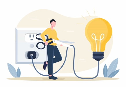 graphic of man cutting oversized electrical cord